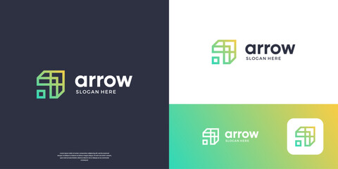 Right up arrow logo. Geometric arrow shape with green gradient line art style. Usable for business and financial logos.