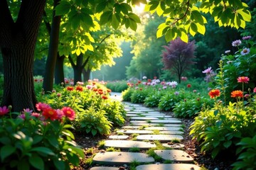 Stone pathway winding through garden, sun dappled leaves , sunlight, order, garden