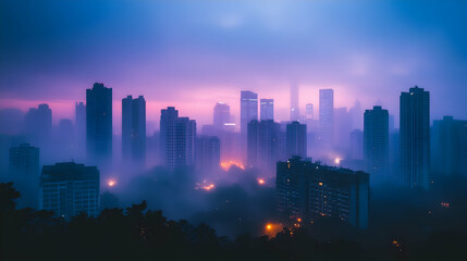 Fototapeta premium City skyline sunrise, fog, urban landscape, moody