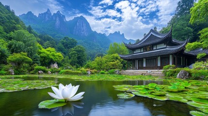 Fototapeta premium A lotus flower floating peacefully on a still pond in a traditional Chinese garden