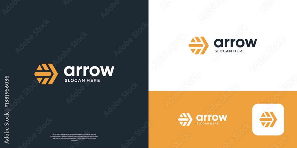 Poster geometric right arrow logo design. strong hexagon shape with arrow symbol. usable for business and l