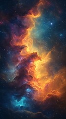Obraz premium Vibrant Cosmic Cloud of Orange, Blue, and Purple Illuminated by Starry Specks