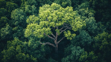 Obraz premium Aerial view Single tree in lush forest canopy
