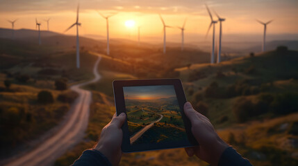 Sunset wind farm view on tablet