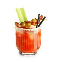 Glass of bloody mary cocktail with bacon, olives and celery on white background