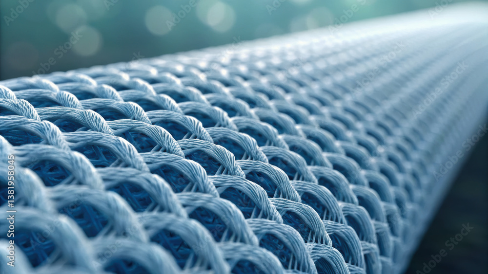 Poster detailed air filtration system utilizes woven design that enhances efficiency and durability while e