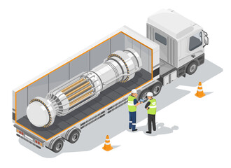 Engineers inspect small micro modular nuclear reactor loaded on transport truck for installation at industrial energy facility isometric cartoon 