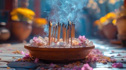 Incense sticks releasing aromatic smoke near healing crystals on a bright sunny day