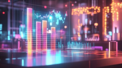 Futuristic holographic financial data displayed on a transparent surface in a modern setting.