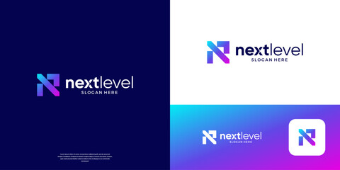 Letter N arrow up right logo. Purple blue gradient geometric arrow shape with flat minimalist. Usable for business, start up and technology logos.