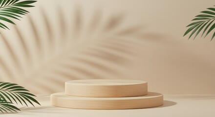 Wooden podium with palm shadows, and beige.