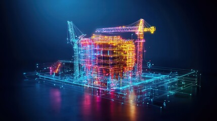 Futuristic Construction Project with Neon Lights and Digital Elements