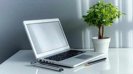 Stylish home office design laptop and plant workspace for modern productivity and interior aesthetics