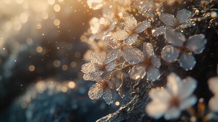 Obraz premium A close-up of delicate sakura flowers covered in morning dew, with soft sunlight filtering through the branches