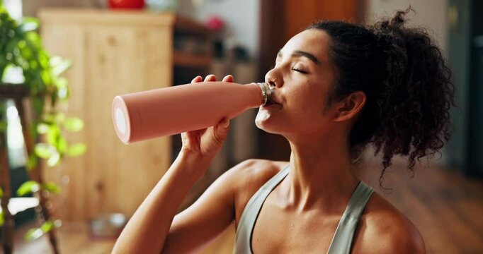 Home, woman and fitness with drinking water for wellness, hydration or nutrition for healthy body. House, female person and break with thirst for h2o liquid, detox or self care after exercise session
