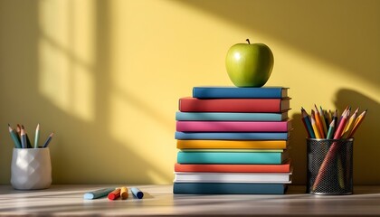 A tidy desk with colorful books stacked, an apple on top, and pencils in a metal holder against.