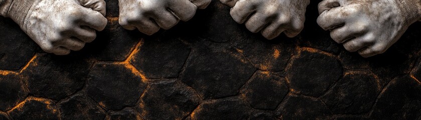 Four fists clenched on volcanic stone texture background, close-up