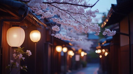 A tranquil Kyoto street lined with cherry blossoms, with traditional wooden houses and soft lantern lights