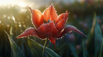 A close-up of a single red tulip with delicate petals covered in morning dew, softly lit by the sunrise