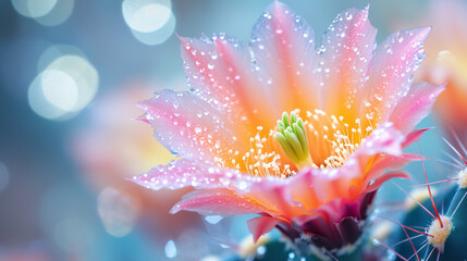 Fototapeta premium A magical macro shot of a blooming cactus flower in vibrant pink and yellow hues, with dewdrops sparkling on the petals