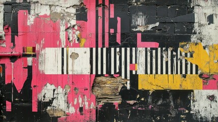 Urban wall, geometric graffiti, layered textures, city decay, abstract art, design element