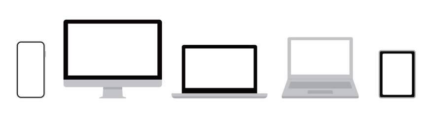 Device Illustration. Smartphone, PC, laptop, tablet. Blank screen for your design. Icon, frame, background.