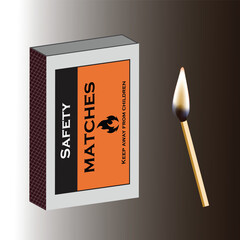 This image features a safety matchbox with an ignited matchstick, symbolizing fire, energy, and controlled ignition.The box has an orange and black design with a flame icon.