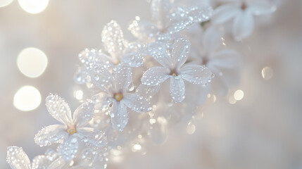 A close-up of delicate lilac blossoms covered in morning dew, with a soft blurred background