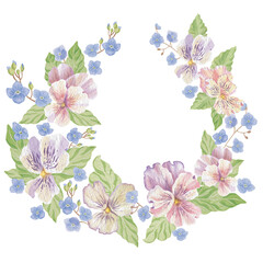 Round wreath frame made of various flowers. Vintage watercolor illustration for holiday postcards or invitations, romantic greeting cards. Cosmetics, perfumes and home decor. Frame for website or app