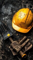 Construction safety gear on a dark work surface