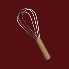 A classic wire whisk with a wooden handle, set against a deep burgundy background. The whisk symbolizes culinary creativity, baking precision, and the art of blending ingredients to perfection.