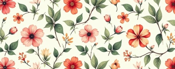 Elegant seamless pattern with vintage botanical illustrations of flowers and leaves in soft hues , image, stationery, flora