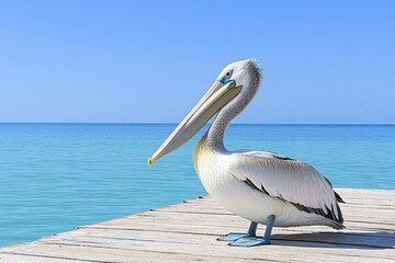 A pelican resting on a sunlit pier, its feathers ruffled by the ocean breeze