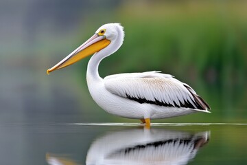 Obraz premium A pelican standing in calm waters with its reflection perfectly mirrored on the surface