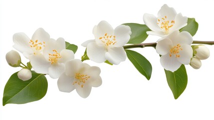 Obraz premium Beautiful White Jasmine Flowers Blooming Branch Spring Nature Photography Fresh Delicate Floral Blossom Botanical Image Elegant White Flowers Green Leaves Natural Beauty Freshness Soft Pure Plant 