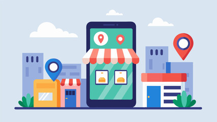 A mobile shopping app that uses data on a customers location to suggest nearby brickandmortar stores that carry the same products offering a convenient instore pickup option.. Vector illustration