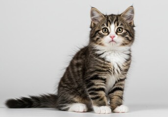 Adorable fluffy kitten wide-eyed tri-color