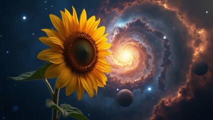 digital illustration sunflower its bright yellow petals green leaves sunflower center its stem leaves visible background deep blue sky stars planets scattered throughout background spiral galaxy
