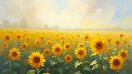 painting field sunflowers field vast full bright yellow flowers large round heads dark brown centers flowers arranged neat rows overlapping sky pale blue wispy white clouds scattered across