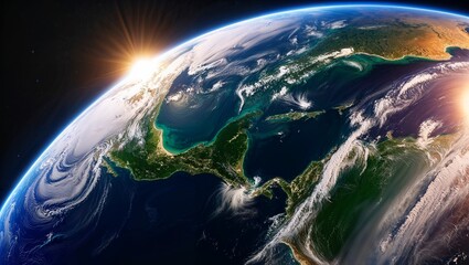 The Living Planet: Earth&rsquo;s Radiance from Space A breathtaking view of Earth from space, showcasing its vibrant blue oceans, lush green continents, and swirling white clouds. 