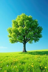 Obraz premium Isolated tree in a vast meadow under clear blue skies, clear, expansive, light