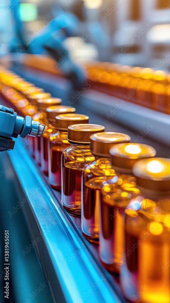 Poster a conveyor belt of bottles with a robot picking up a bottle. the bottles are orange and the robot is