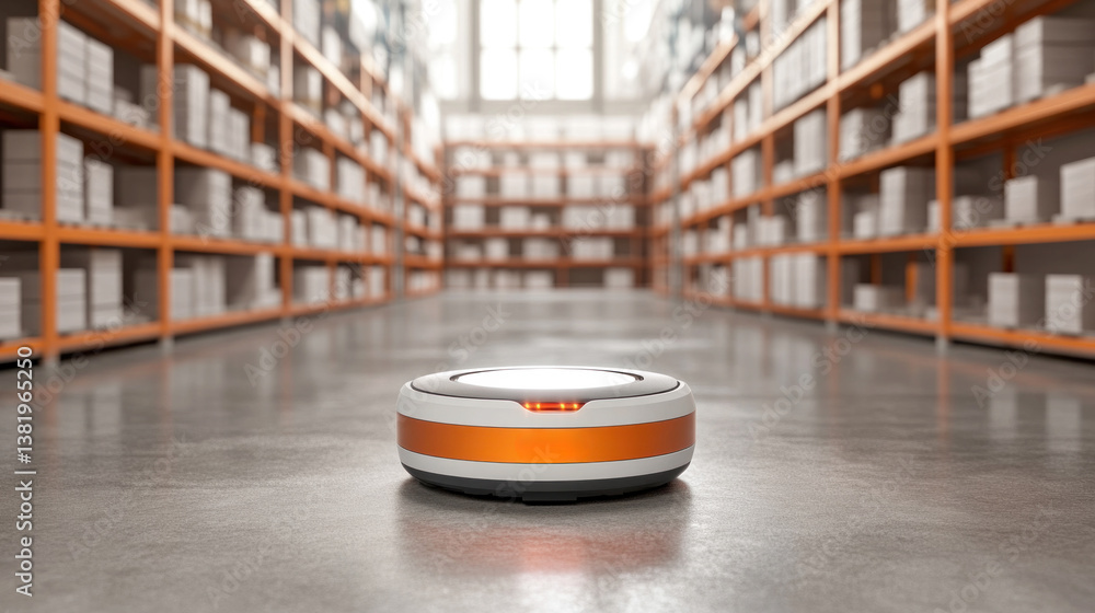 Poster a robot is standing in a large warehouse with many shelves. the robot is orange and white. the wareh