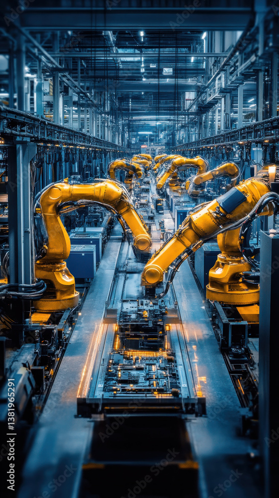 Poster a factory with robots in the middle of the room. the robots are yellow and are working on a conveyor