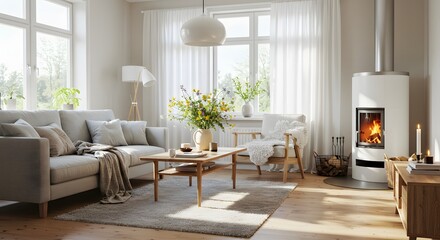 Fototapeta premium Cozy Scandinavian living room interior.