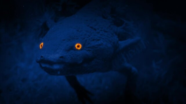 Weird Creature Underwater With Glowing Eyes - Axolotl Salamander
