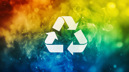 Vibrant recycle symbol on colorful smoke background.