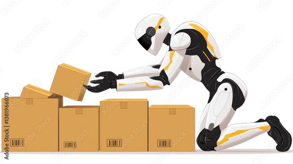 Aufkleber a robot is bending over to pick up a box. the boxes are stacked on top of each other