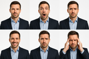 A young businessman wearing a dark suit and light blue shirt displaying a variety of emotional facial expressions. The six-panel collage includes neutral, surprised, sad, happy, confused, and stressed