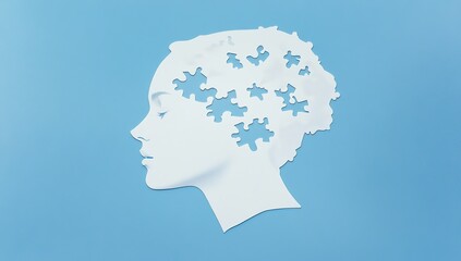 Fototapeta premium White Jigsaw Puzzle Head Silhouette on Blue Background